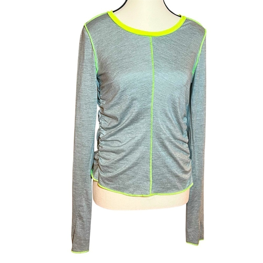 Free People FP Movement Right On Run Long Sleeve Gray Yellow Ruched Size Medium